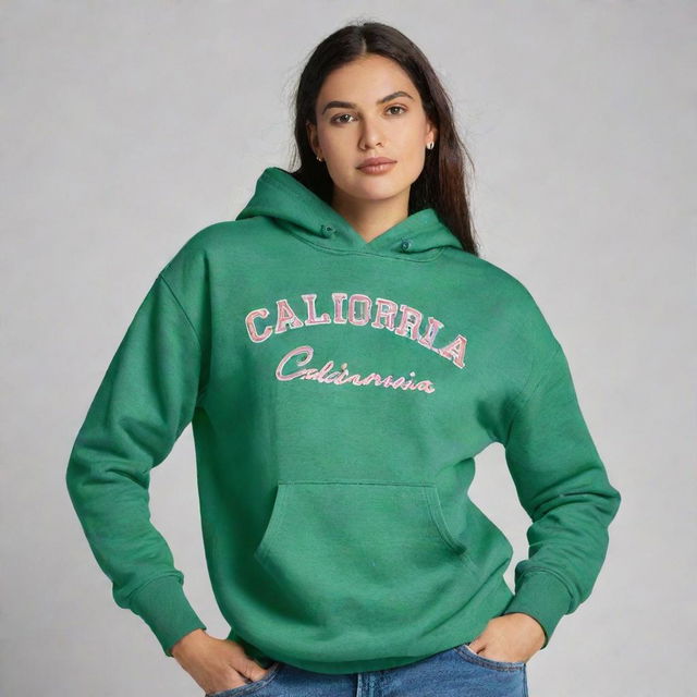 A trendy green hoodie with the name 'California' prominently emblazoned on it.