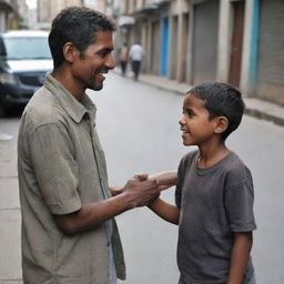 An orphan child living on the streets having a heartfelt encounter with a kind man.