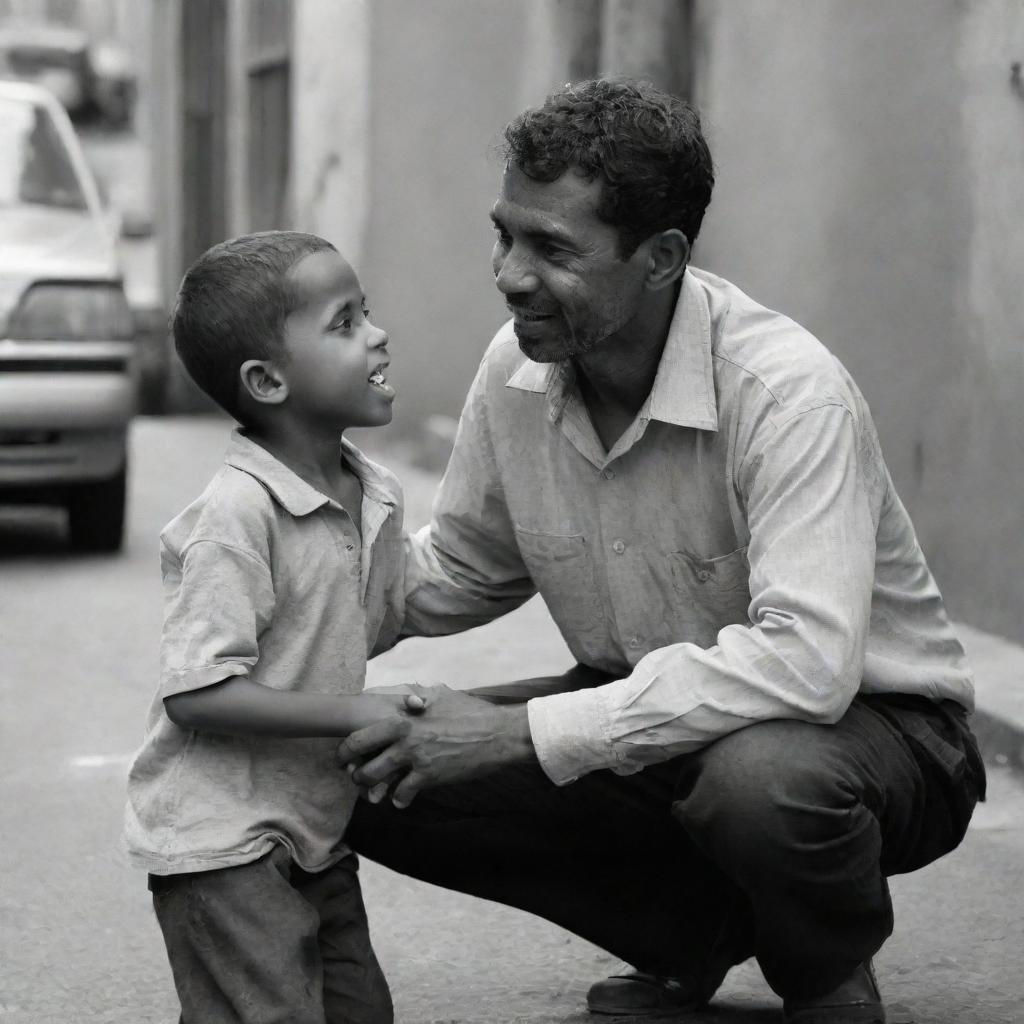 An orphan child living on the streets having a heartfelt encounter with a kind man.