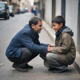 An orphan child living on the streets having a heartfelt encounter with a kind man.