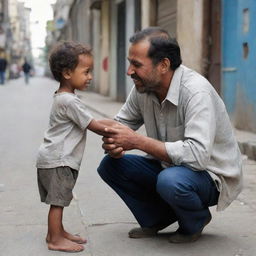 An orphan child living on the streets having a heartfelt encounter with a kind man.