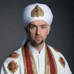 Eminem dressed in traditional Ottoman clothing, including a large white turban similar to that of Mehmed the Conqueror.