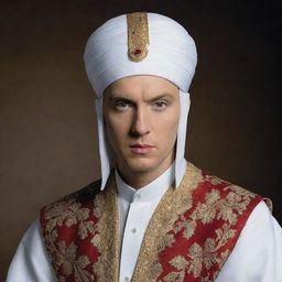 Eminem dressed in traditional Ottoman clothing, including a large white turban similar to that of Mehmed the Conqueror.