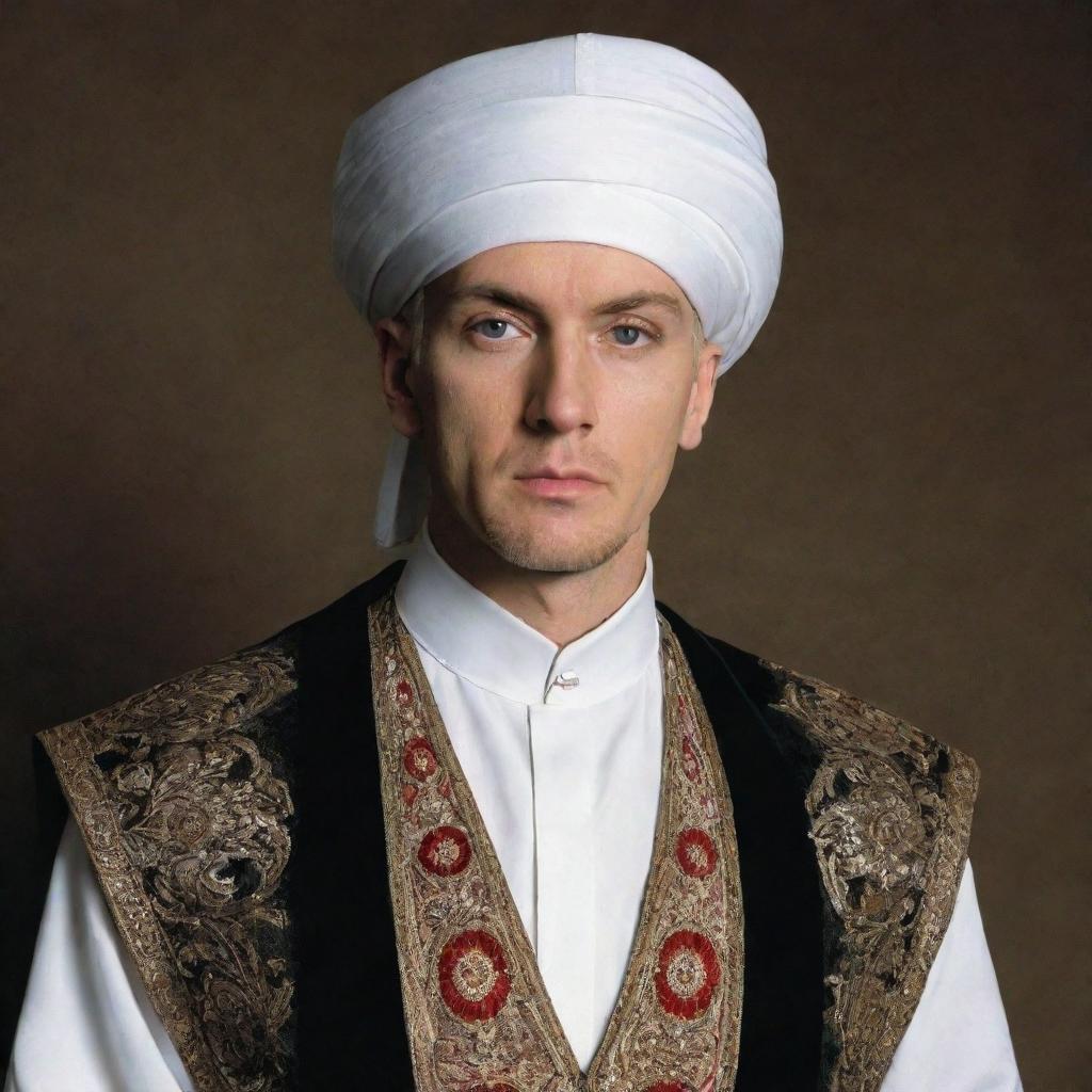 Eminem dressed in traditional Ottoman clothing, including a large white turban similar to that of Mehmed the Conqueror.