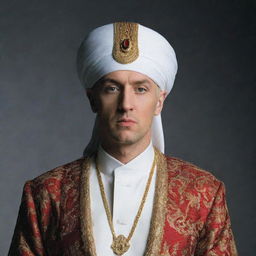 Eminem dressed in traditional Ottoman clothing, including a large white turban similar to that of Mehmed the Conqueror.