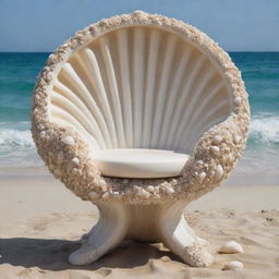 An intricate chair made from a large seashell, giving the impression of a whimsical underwater throne.