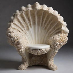 An intricate chair made from a large seashell, giving the impression of a whimsical underwater throne.