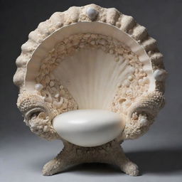 An intricate chair made from a large seashell, giving the impression of a whimsical underwater throne.