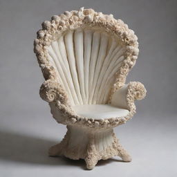 An intricate chair made from a large seashell, giving the impression of a whimsical underwater throne.