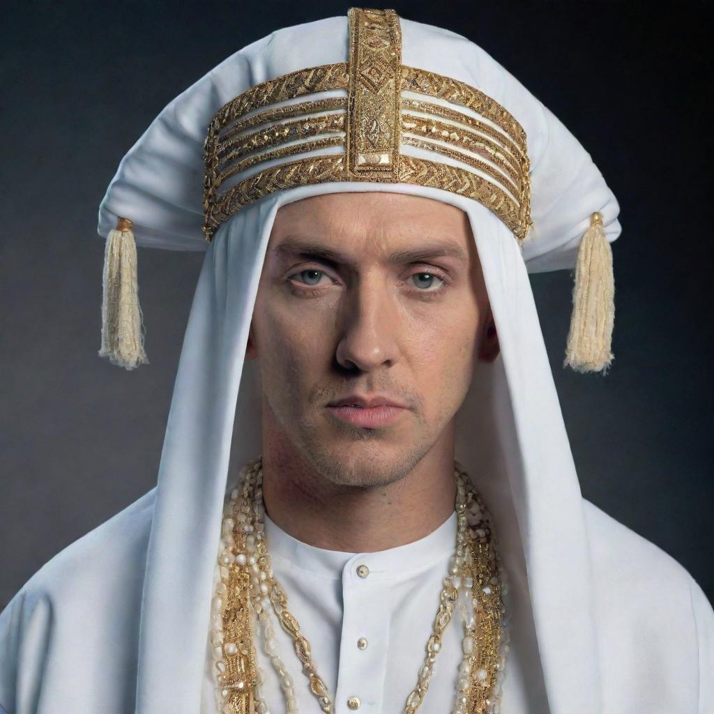 A high-quality image of Eminem wearing a large, white Ottoman headdress in traditional attire.