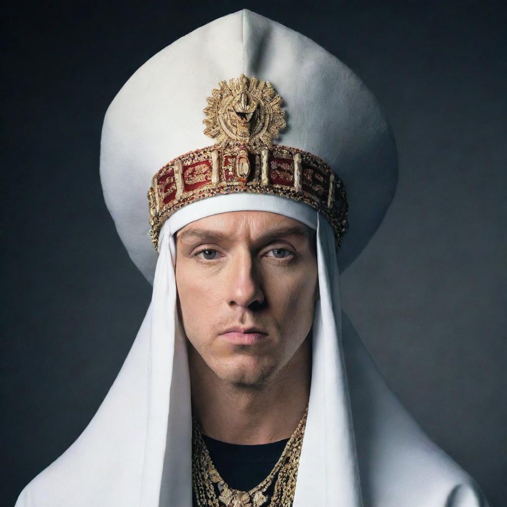 A high-quality image of Eminem wearing a large, white Ottoman headdress in traditional attire.