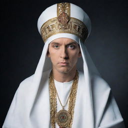 A high-quality image of Eminem wearing a large, white Ottoman headdress in traditional attire.