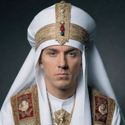 A high-quality image of Eminem wearing a large, white Ottoman headdress in traditional attire.