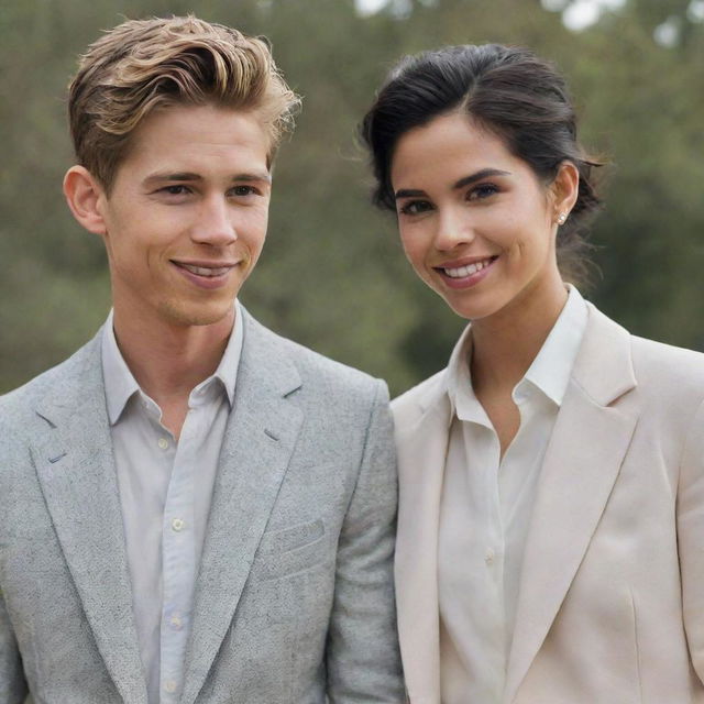 Generate an image of Austin Butler and Alexa Demie as a happy couple, dressed elegantly, and sharing a warm, friendly bond.