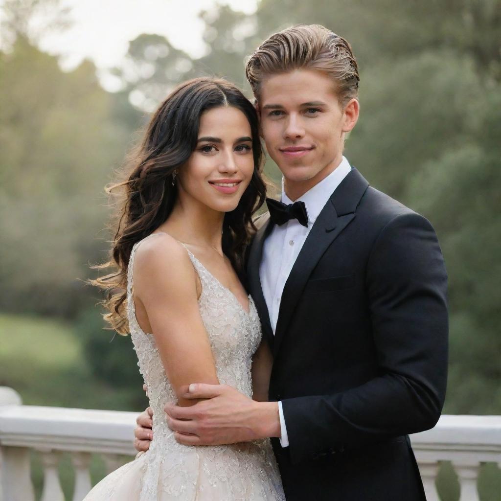 Generate an image of Austin Butler and Alexa Demie as a happy couple, dressed elegantly, and sharing a warm, friendly bond.