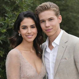 Generate an image of Austin Butler and Alexa Demie as a happy couple, dressed elegantly, and sharing a warm, friendly bond.