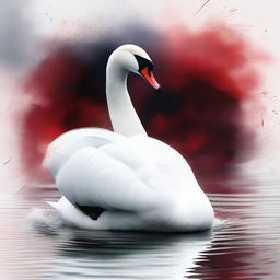 A high-quality digital art image depicts a majestic swan, its pristine white feathers starkly contrasted with splatters of red