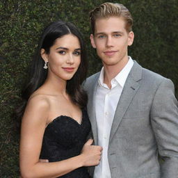 Generate an image of Austin Butler and Alexa Demie as a happy couple, dressed elegantly, and sharing a warm, friendly bond.