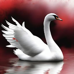 A high-quality digital art image depicts a majestic swan, its pristine white feathers starkly contrasted with splatters of red
