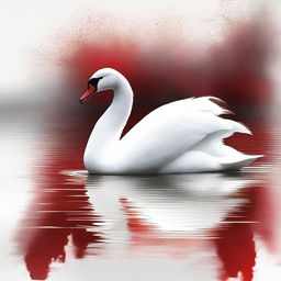A high-quality digital art image depicts a majestic swan, its pristine white feathers starkly contrasted with splatters of red