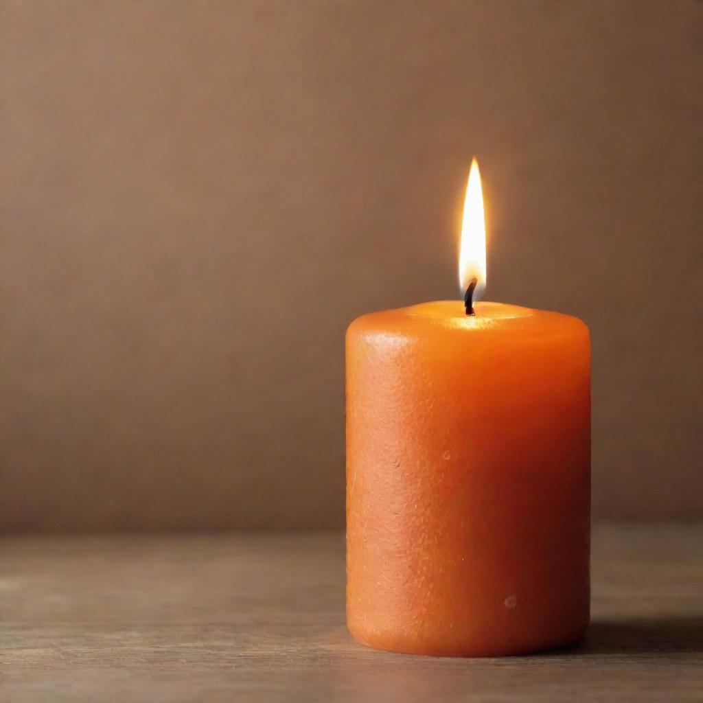 A glowing orange candle with a warm, cozy flame dancing atop it.