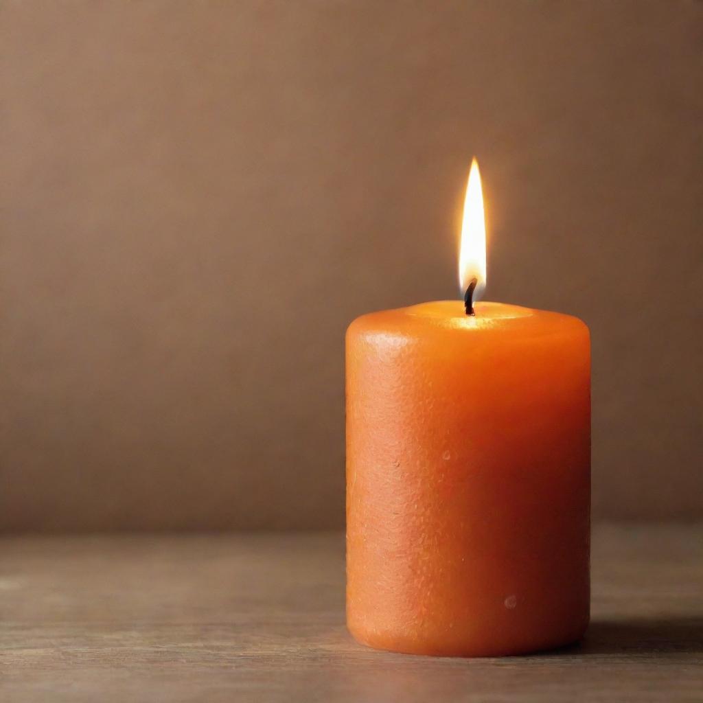 A glowing orange candle with a warm, cozy flame dancing atop it.