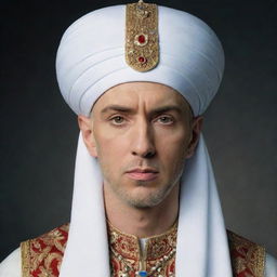 Eminem depicted as an Ottoman Sultan, donned in a large white turbaned headdress, rendered in high quality.