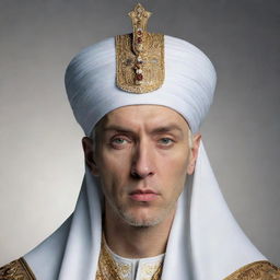 Eminem depicted as an Ottoman Sultan, donned in a large white turbaned headdress, rendered in high quality.