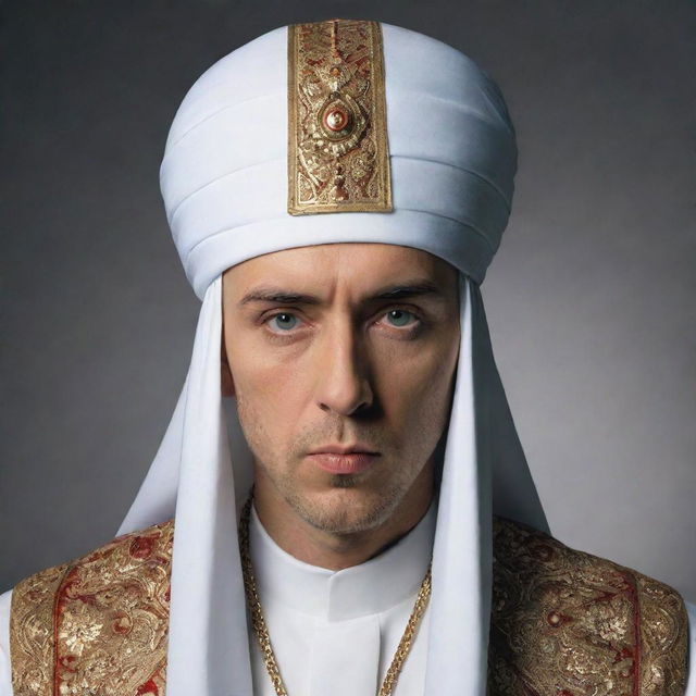 Eminem depicted as an Ottoman Sultan, donned in a large white turbaned headdress, rendered in high quality.