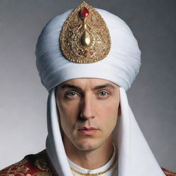 Eminem depicted as an Ottoman Sultan, donned in a large white turbaned headdress, rendered in high quality.