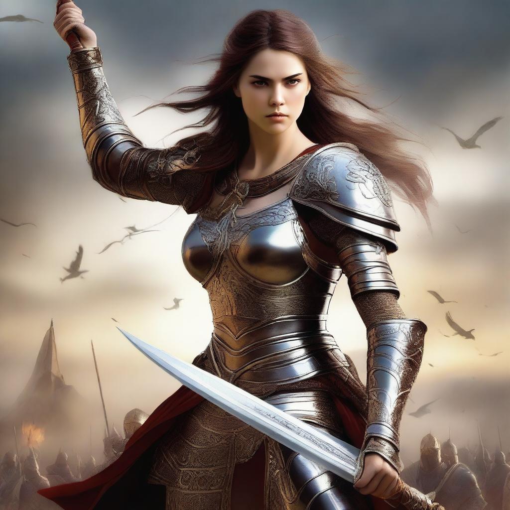 A high-resolution digital art image portrays a female warrior