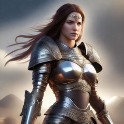 A high-resolution digital art image portrays a female warrior