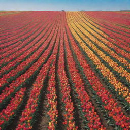 Endless, vibrant tulip fields under a clear sky