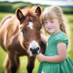 A heartwarming, high-quality photograph captures a young girl with a Shetland pony