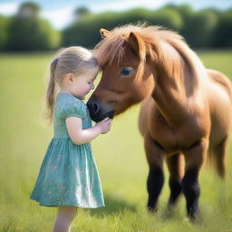 A heartwarming, high-quality photograph captures a young girl with a Shetland pony