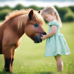 A heartwarming, high-quality photograph captures a young girl with a Shetland pony