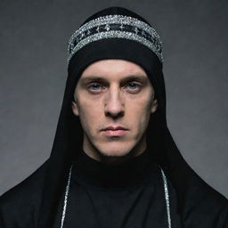 A high-quality image of Eminem wearing a black Shia Islamic headdress, looking solemn and respectful.