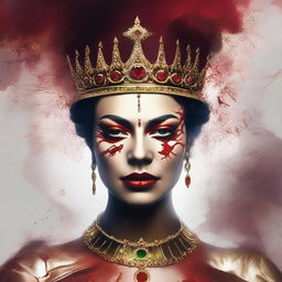 A striking digital art image illustrates a regal queen, her face a mask of solemnity