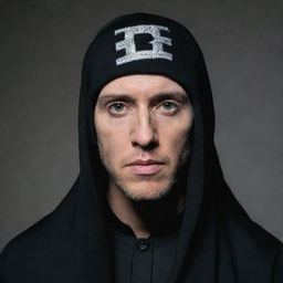 A high-quality image of Eminem wearing a black Shia Islamic headdress, looking solemn and respectful.