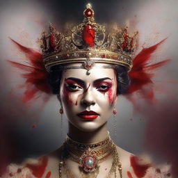 A striking digital art image illustrates a regal queen, her face a mask of solemnity
