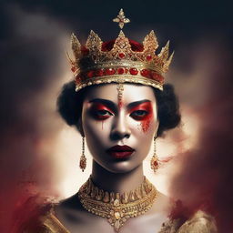 A striking digital art image illustrates a regal queen, her face a mask of solemnity