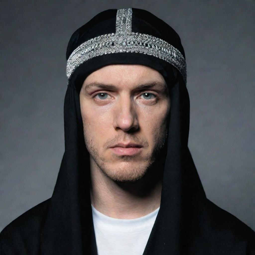 A high-quality image of Eminem wearing a black Shia Islamic headdress, looking solemn and respectful.