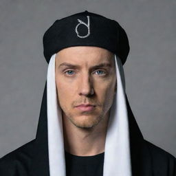 A high-quality image of Eminem wearing a black Shia Islamic headdress, looking solemn and respectful.