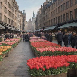 Early European market street bustling with vendors selling vivacious tulip bulbs