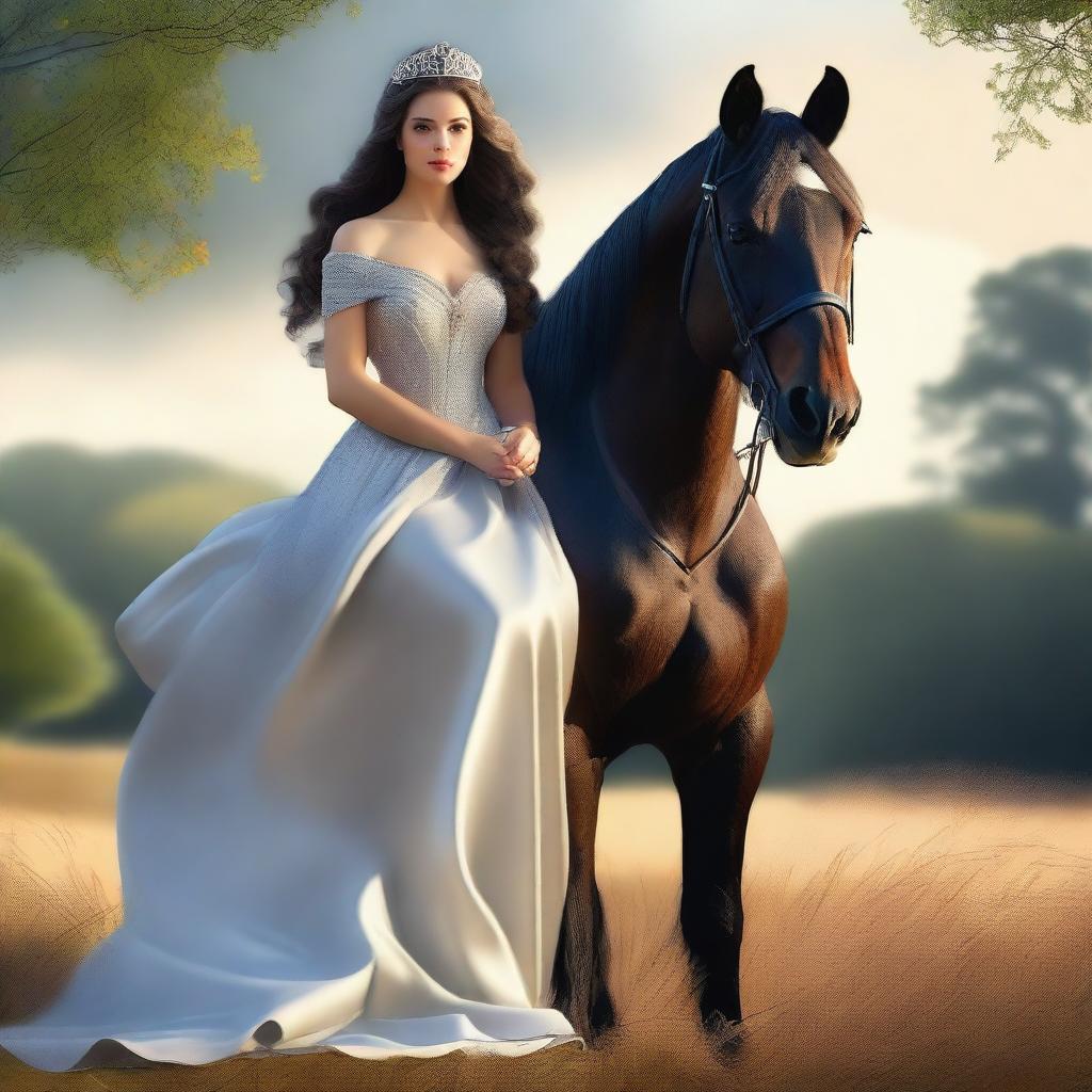 This is a high-quality digital art image showcasing a beautiful princess in a flowing long dress, seated atop a majestic shire horse