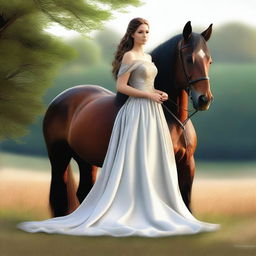 This is a high-quality digital art image showcasing a beautiful princess in a flowing long dress, seated atop a majestic shire horse