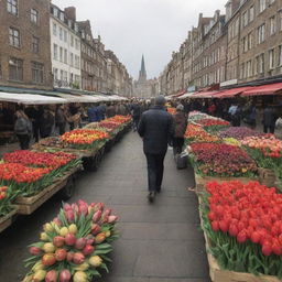 Early European market street bustling with vendors selling vivacious tulip bulbs