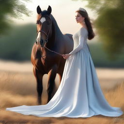 This is a high-quality digital art image showcasing a beautiful princess in a flowing long dress, seated atop a majestic shire horse
