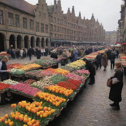 Early European market street bustling with vendors selling vivacious tulip bulbs