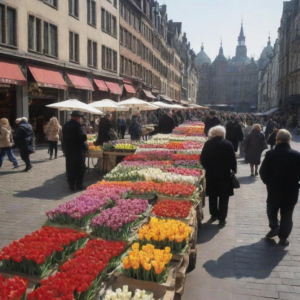 Early European market street bustling with vendors selling vivacious tulip bulbs